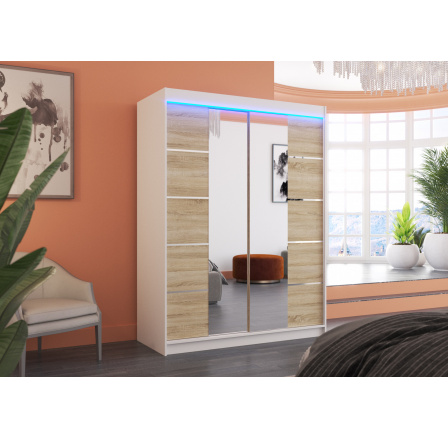 Posuvná skříň se zrcadlem a LED osvětlením NORDIC 150 Bílá+Sonoma