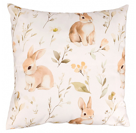 Polštář s výplní - zajíci a květiny, sametový, 45 x 45 cm