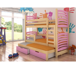 Třílůžková patrová postel s matracemi SORIA Pine+Pink