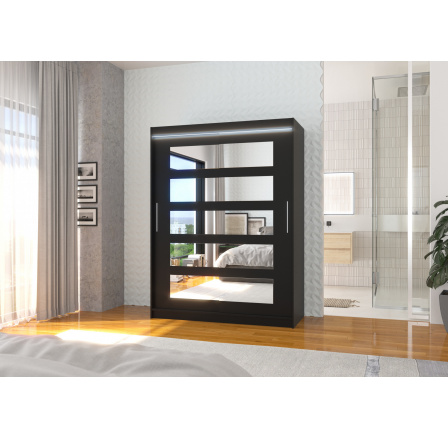 Posuvná skříň se zrcadlem a LED osvětlením MURANI 150 Černá+Černá