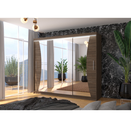 Šatní skříň s posuvnými dveřmi, zrcadlem a LED osvětlením DIEGO 250 Choco+Choco