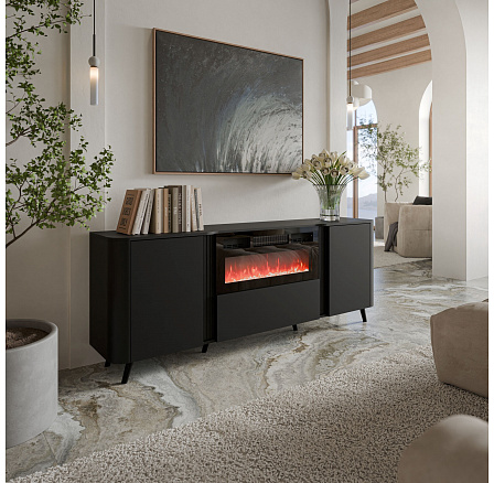 VOLARE komoda 200 EF černý mat/ černý mat (s možností montáže krbu)