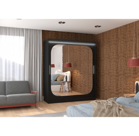 Posuvná skříň se zrcadlem a LED osvětlením ARIZONA 180 Černá+Černá