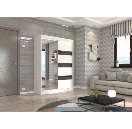 Posuvná skříň se zrcadlem a lacobelem TOURA 150 Bílá+Černý Lacobel