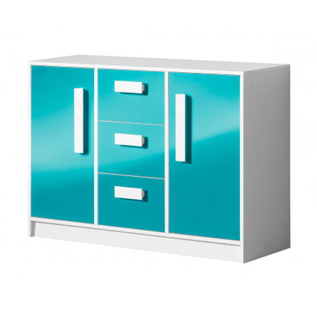 GOLIÁŠ 6- komoda nízká se 2 dvířkami 3 šuplíky (GULIVER 6)-korpus bílá/dvířka tyrkysová lesk/úchyt bílá (DO) (Z) GOLIÁŠ 6- komoda nízká se 2 dvířkami 3 šuplíky (GULIVER 6)-korpus bílá/dvířka tyrkysová lesk/úchyt bílá (DO) (Z)