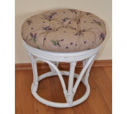 Ratanová taburetka velká bílá polstr levandule