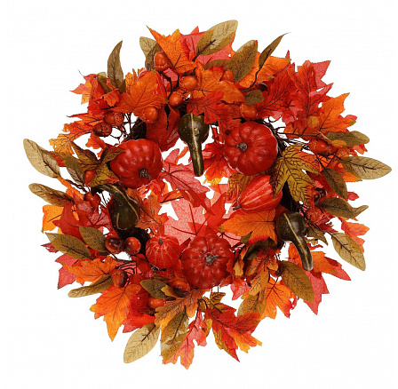 Věnec zdobený - pr. 58 cm, barevné listí, dýně a plody