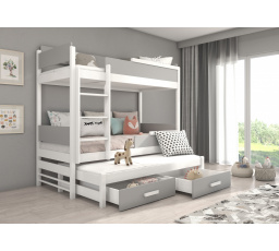 Třílůžková patrová postel s matracemi QUEEN 180x80 Bílá+Šedá