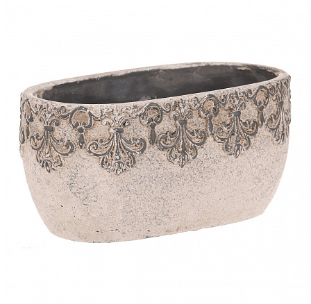 Truhlík oválný - beton, ozdobné ornamenty, šedý Truhlík oválný - beton, ozdobné ornamenty, šedý