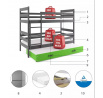 Dětská patrová postel ERYK 3 s přistýlkou 90x200 cm, včetně matrací, Grafit/Zelená