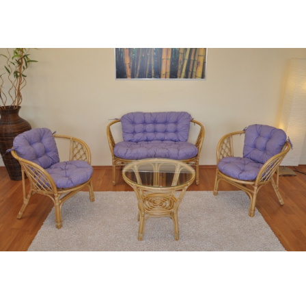 Ratanová sedací souprava Bahama medová velká polstry fialový melír
