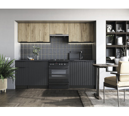 Kuchyňská souprava EMMA 240 korpus: tmavé uhlíkové dřevo, přední strana: dub artisan / černá