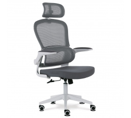 Židle kancelářská, šedý mesh, bílý plast, nastavitelný podhlavník, nastavitelná bederní opěrka
