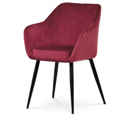 Jídelní židle, potah červená sametová látka, kovové nohy, černý matný lak