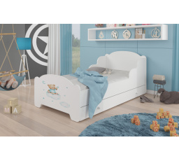 Dětská postel AMADIS se šuplíkem a matrací 140x70 cm, Bílá/Teddy Bear and Cloud