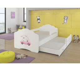 Dětská postel s přistýlkou, matracemi a zábranou CASIMO II, 160x80 cm, Bílá/Cat in car