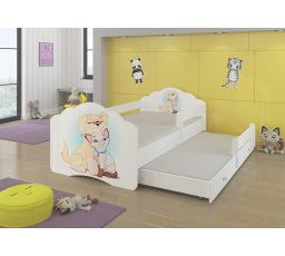 Dětská postel s přistýlkou, matracemi a zábranou CASIMO II, 160x80 cm, Bílá/Dog and Cat