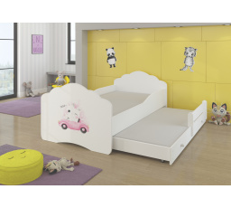 Dětská postel s přistýlkou a matracemi CASIMO II, 160x80 cm, Bílá/Cat in car