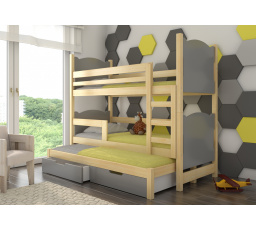 Dětská patrová postel LETICIA s výsuvem a se šuplíky, včetně matrací, Přírodní/Šedá
