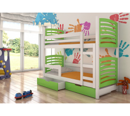 Dětská patrová postel OSUNA se šuplíky, včetně matrací, Bílá/Zelená