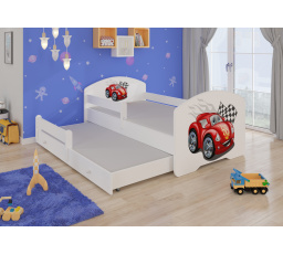 Postel dětská vyvýšená 2 místná PEPE II CAR ZIGZAG 160x80 Bílá se zábranami a matracemi