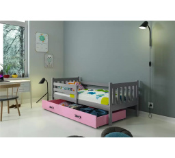 Dětská postel CARINO 90x200 cm se šuplíkem, s matrací, Grafit/Růžová