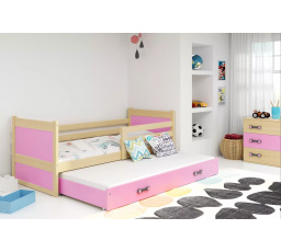 Dětská postel RICO s přistýlkou 90x200 cm, bez matrace, Přírodní/Růžová
