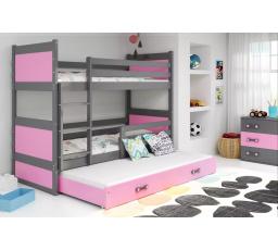 Dětská patrová postel RICO 3 s přistýlkou 90x200 cm, bez matrací, Grafit/Růžová