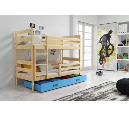 Dětská patrová postel ERYK se šuplíkem 80x190 cm, včetně matrací, Přírodní/Modrá