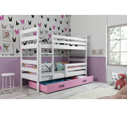 Dětská patrová postel ERYK se šuplíkem 90x200 cm, včetně matrací, Bílá/Růžová