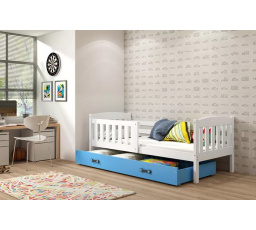 Dětská postel KUBUS 90x200 cm se šuplíkem, s matrací, Bílá/Modrá
