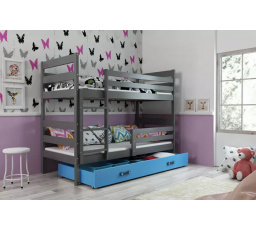 Dětská patrová postel ERYK se šuplíkem 90x200 cm, včetně matrací, Grafit/Modrá