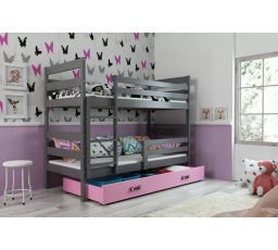 Dětská patrová postel ERYK se šuplíkem 90x200 cm, včetně matrací, Grafit/Růžová