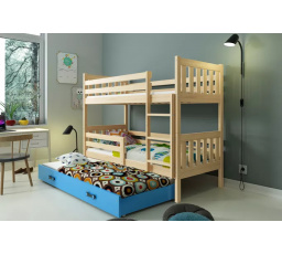Dětská patrová postel CARINO 3 s přistýlkou 80x190 cm, včetně matrací, Přírodní/Modrá