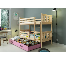 Dětská patrová postel CARINO 3 s přistýlkou 80x190 cm, včetně matrací, Přírodní/Růžová