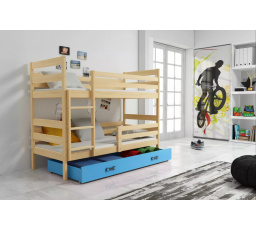 Dětská patrová postel ERYK se šuplíkem 80x190 cm, bez matrací, Přírodní/Modrá