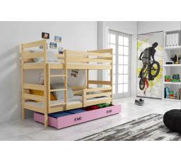 Dětská patrová postel ERYK se šuplíkem 80x160 cm, bez matrací, Přírodní/Růžová