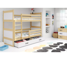 Dětská patrová postel RICO se šuplíkem 90x200 cm, včetně matrací, Přírodní/Bílá