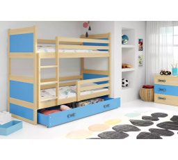Dětská patrová postel RICO se šuplíkem 80x160 cm, včetně matrací, Přírodní/Modrá