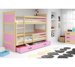 Dětská patrová postel RICO se šuplíkem 80x160 cm, včetně matrací, Přírodní/Růžová