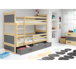 Dětská patrová postel RICO se šuplíkem 90x200 cm, včetně matrací, Přírodní/Grafit