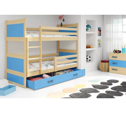 Dětská patrová postel RICO se šuplíkem 90x200 cm, včetně matrací, Přírodní/Modrá