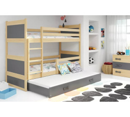 Dětská patrová postel RICO 3 s přistýlkou 90x200 cm, včetně matrací, Přírodní/Grafit