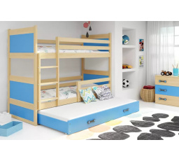 Dětská patrová postel RICO 3 s přistýlkou 90x200 cm, včetně matrací, Přírodní/Modrá