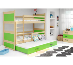 Dětská patrová postel RICO 3 s přistýlkou 90x200 cm, včetně matrací, Přírodní/Zelená