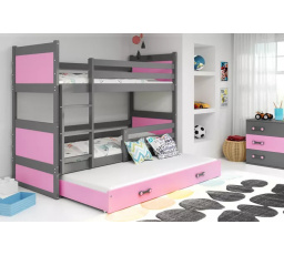 Dětská patrová postel RICO 3 s přistýlkou 90x200 cm, včetně matrací, Grafit/Růžová