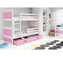 Dětská patrová postel RICO se šuplíkem 80x190 cm, včetně matrací, Bílá/Růžová