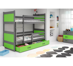 Dětská patrová postel RICO se šuplíkem 80x190 cm, včetně matrací, Grafit/Zelená