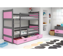 Dětská patrová postel RICO se šuplíkem 90x200 cm, bez matrací, Grafit/Růžová