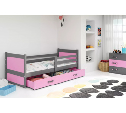 Dětská postel RICO 90x200 cm se šuplíkem, bez matrace, Grafit/Růžová